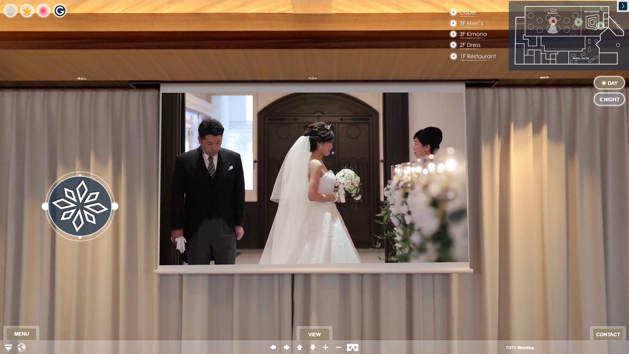 GLLARE MARUYAMAのバンケット内スクリーンに婚礼映像を投影したVR画面